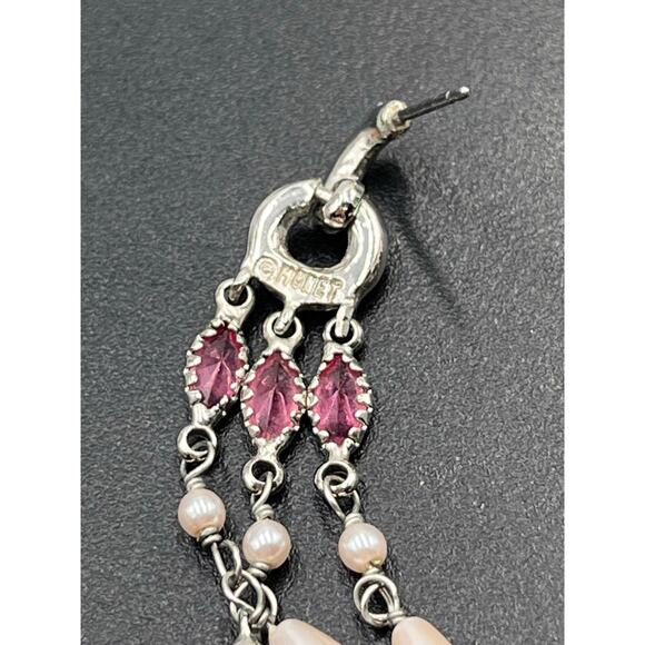 Monet Pink Pave Rhinestone Faux Teardrop Pearls Dangle Chandelier Earrings - Picture 6 of 8